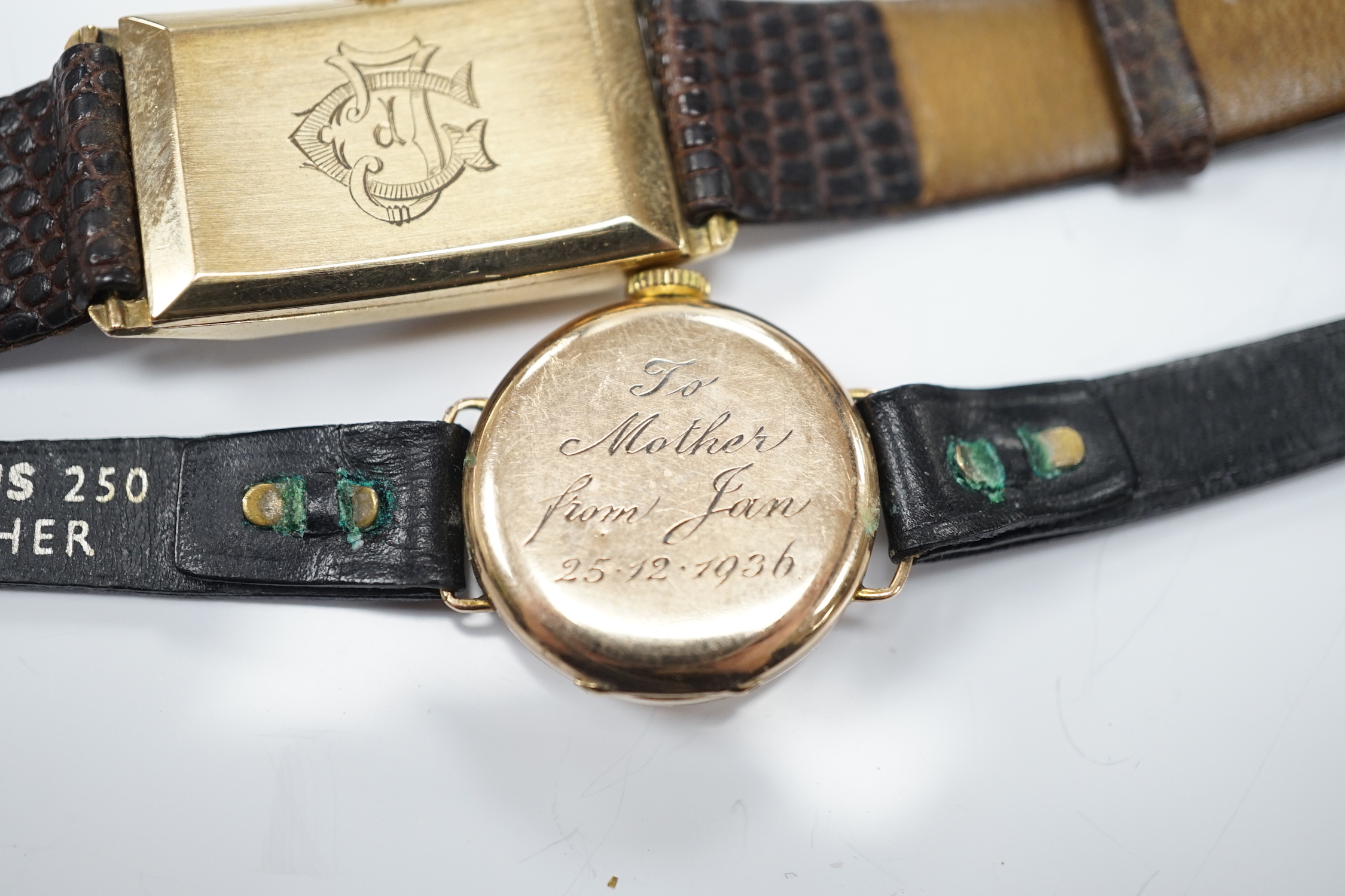 A lady's 1930's 9ct gold Omega manual wind wrist watch, on a later leather strap and a lady's 9ct gold Bebe wrist watch.